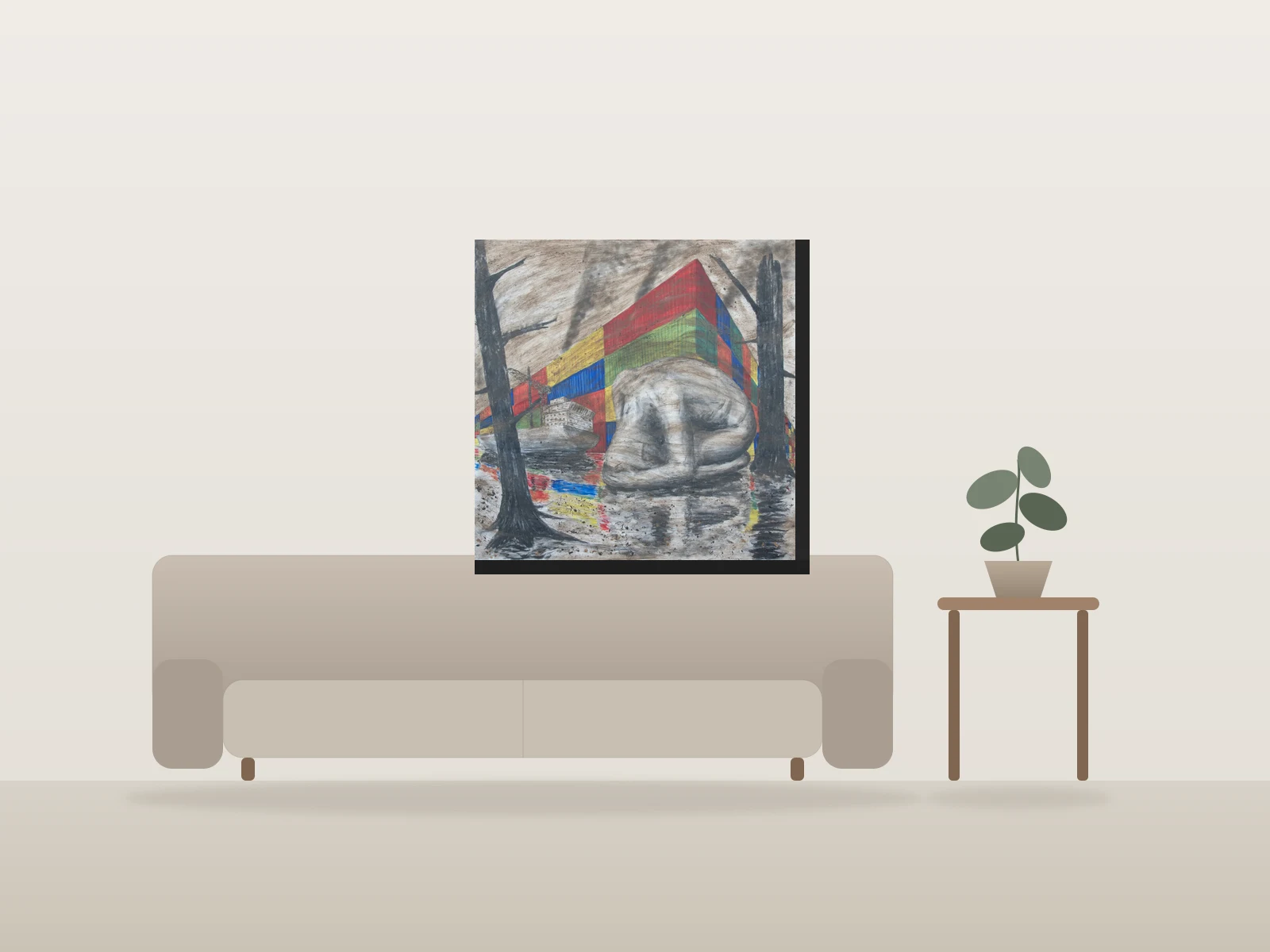 Mémoires de cendres IX by Sylvain Thérien shown to scale in a room