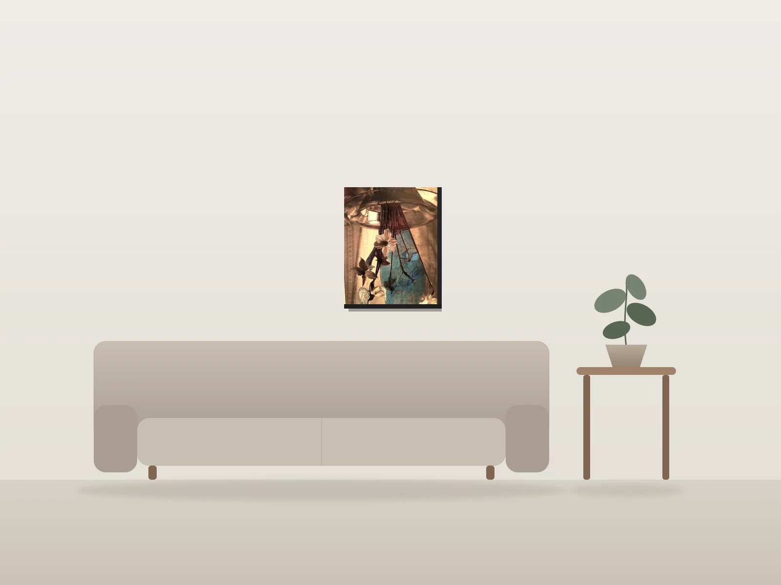 Fleurs suspendues au vase bleu by louis ranger shown to scale in a room