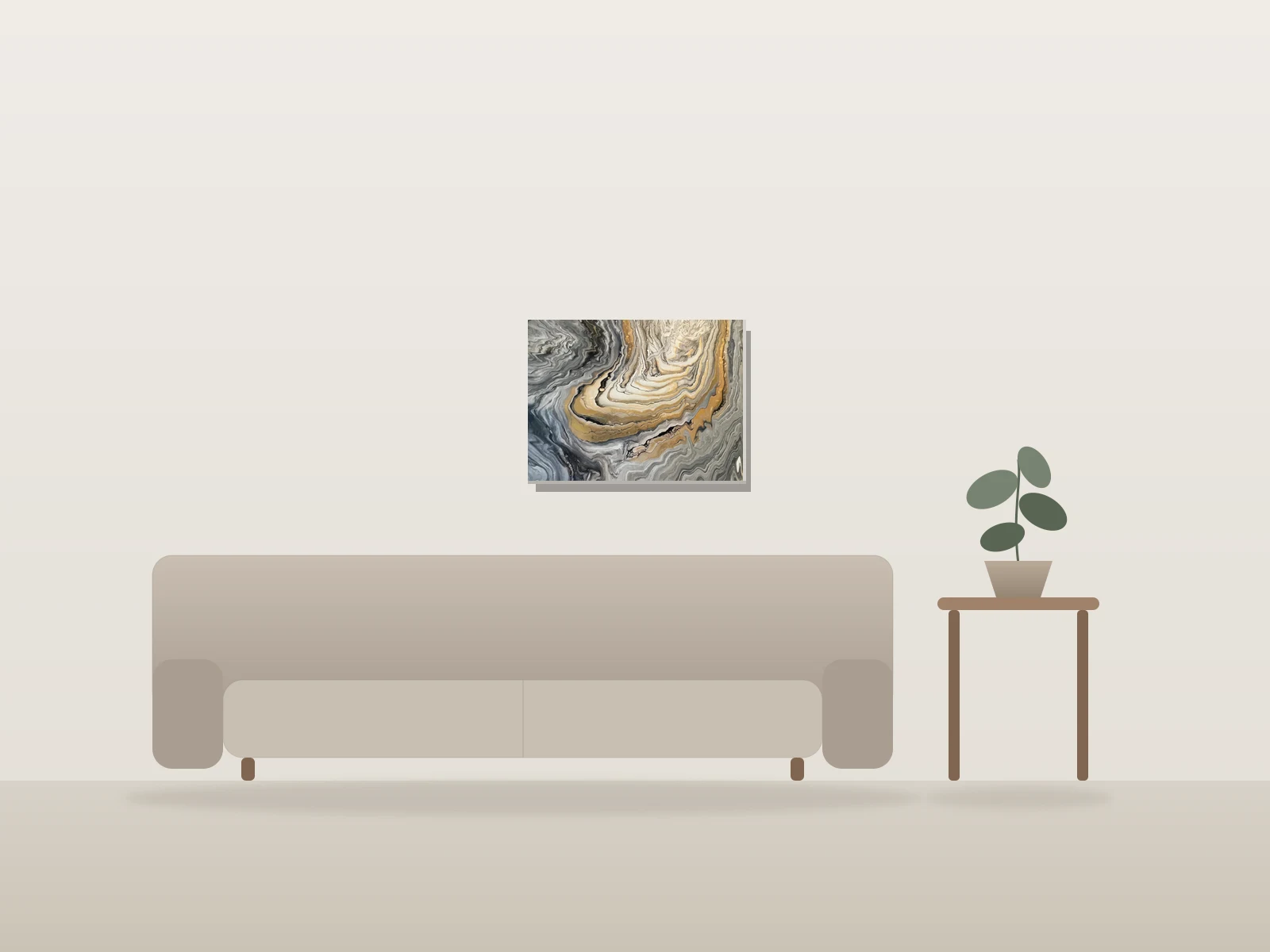 Swirling gold, and grays par Tony Woodbury présentée à l'échelle dans une pièce