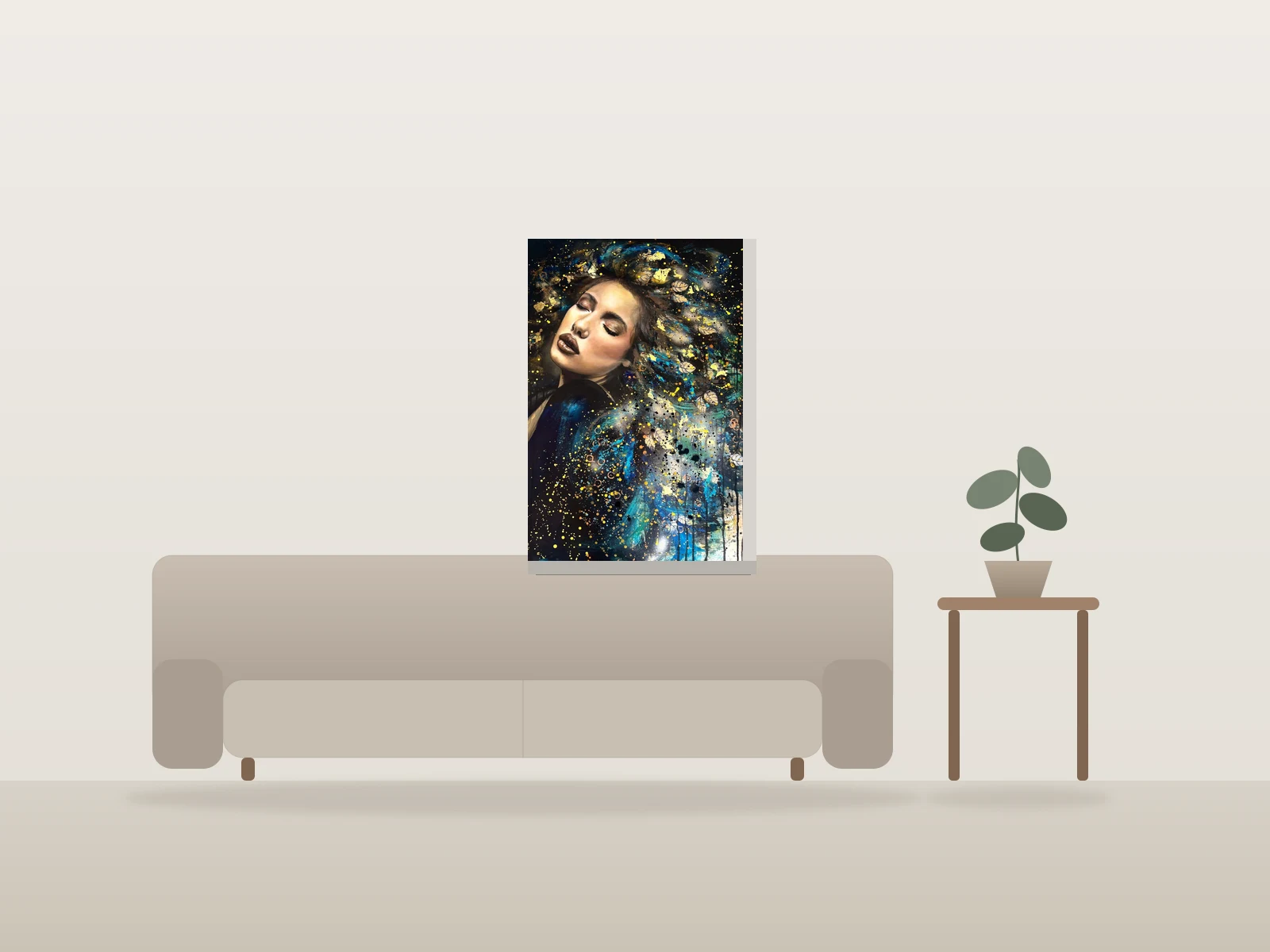 Portrait de femme en rêve by VICKY GAGNÉ-VAILLANCOURT shown to scale in a room