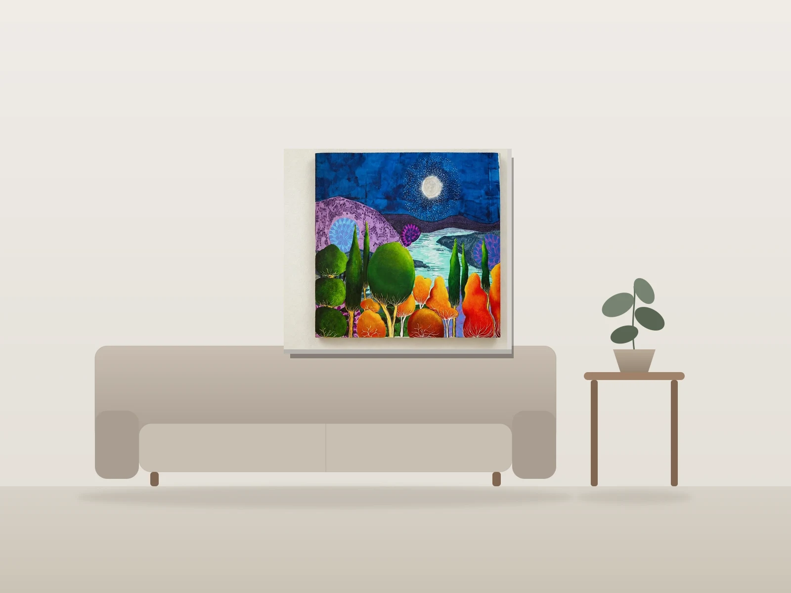 autumn moon par davide calcinai présentée à l'échelle dans une pièce