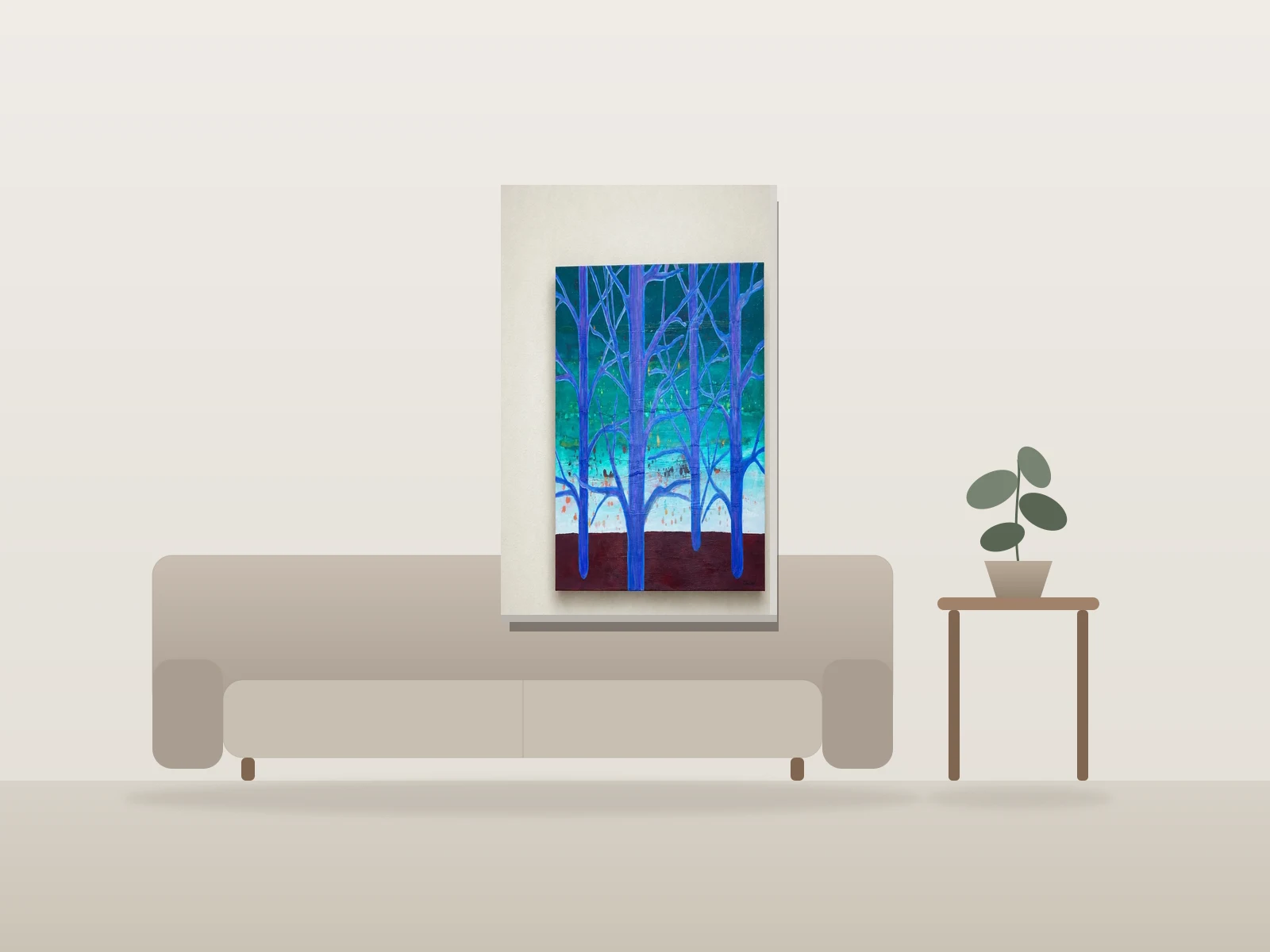 purple trees on twilight by davide calcinai shown to scale in a room