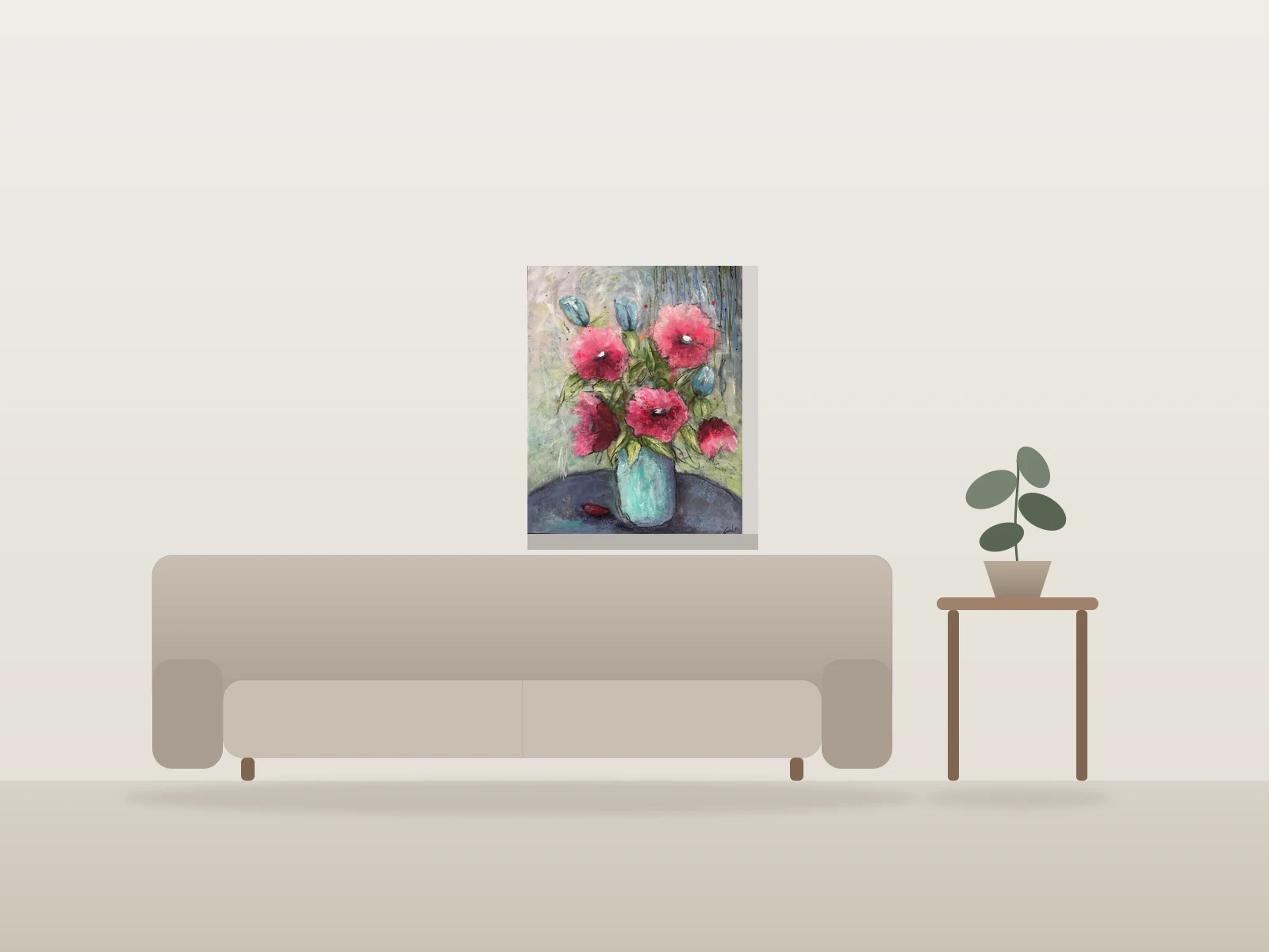 Bouquet aux fleurs roses et bleues by GauLe shown to scale in a room