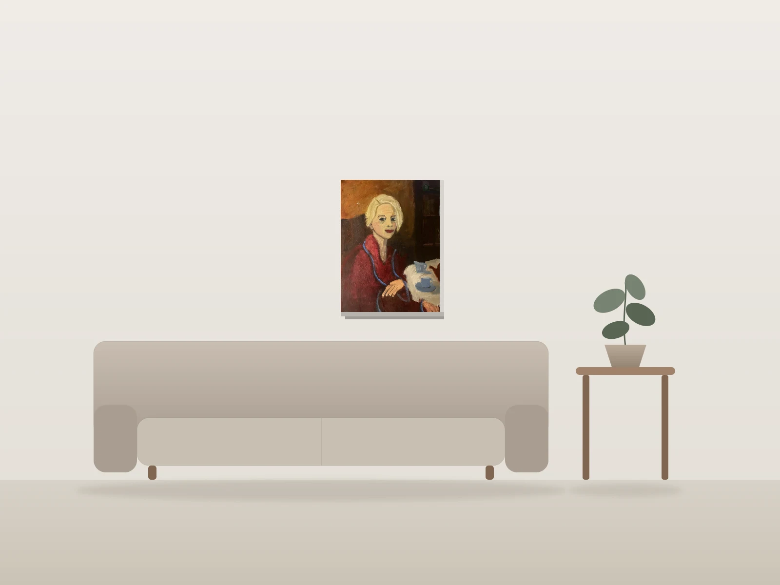 Femme assise prenant le thé by Lulu Gibler Art shown to scale in a room