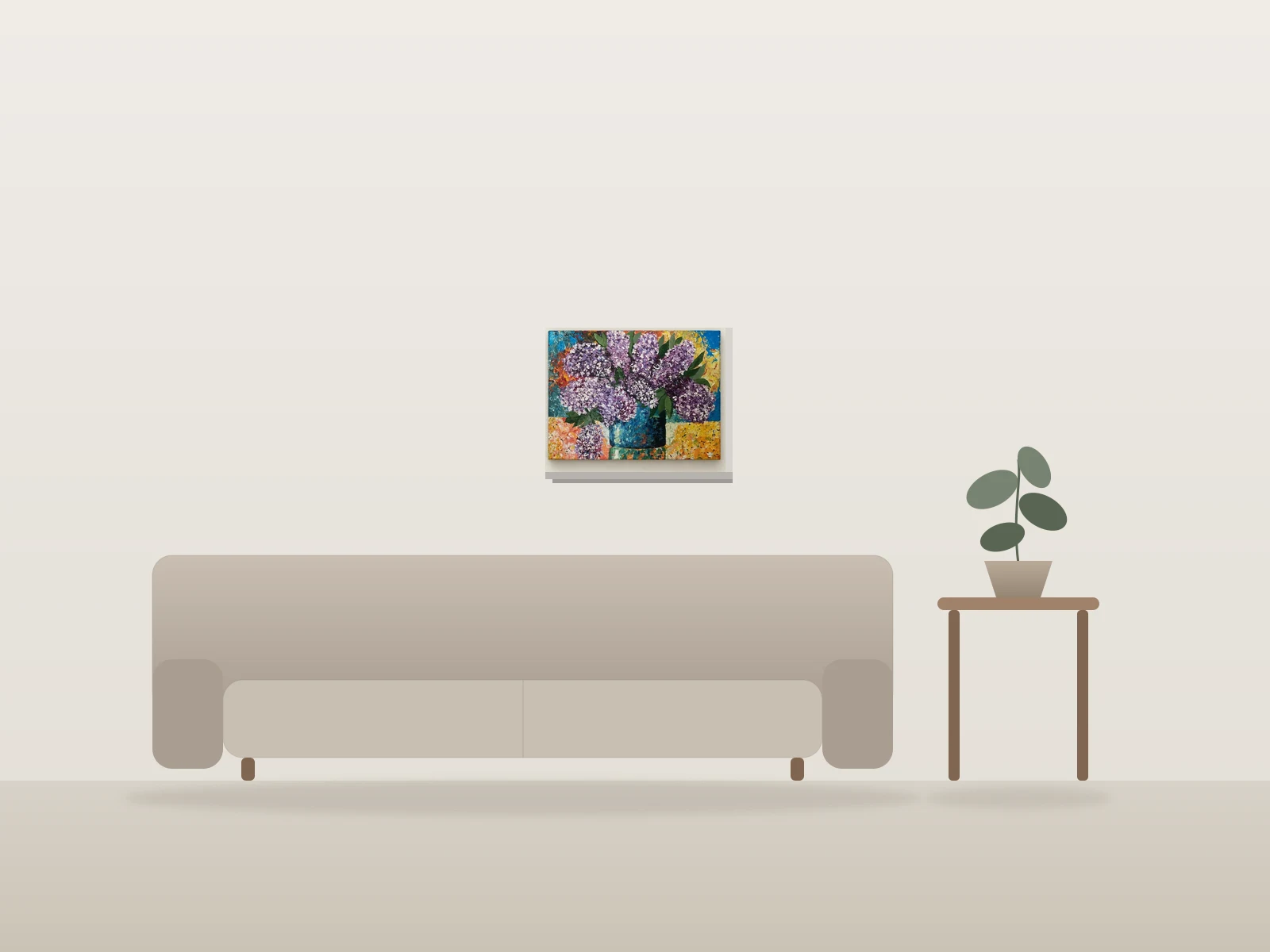 Bouquet de lilas en vase bleu by Ellen Law shown to scale in a room