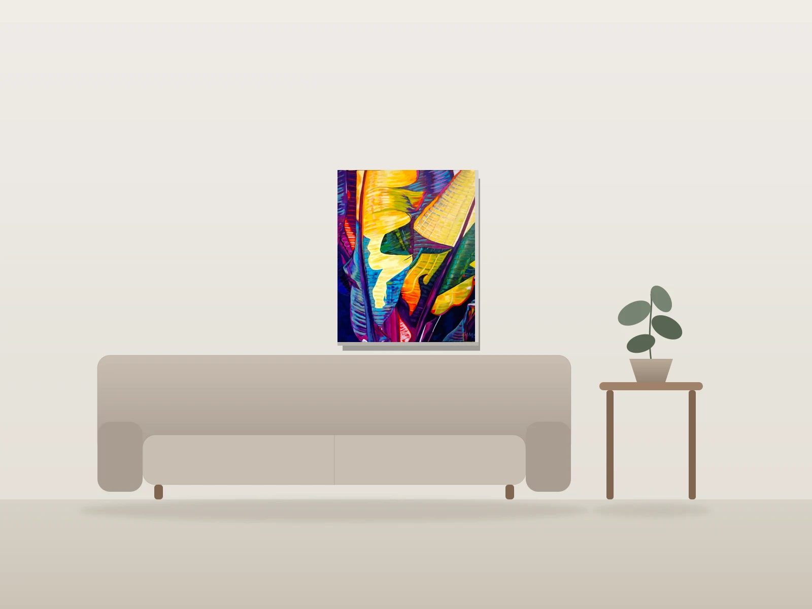 Illusion d'optique « feuillue » by Carol Sims shown to scale in a room