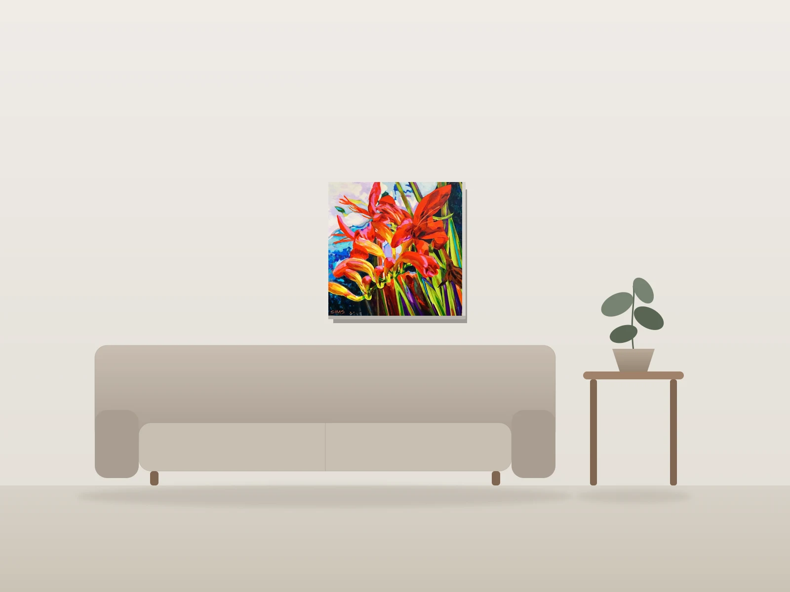 Lucifer (Crocosmia) by Carol Sims shown to scale in a room