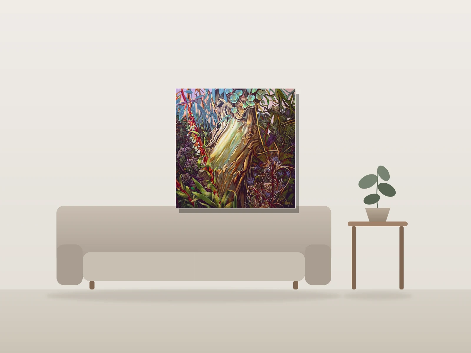 Quelque chose de dangereux approche by Carol Sims shown to scale in a room