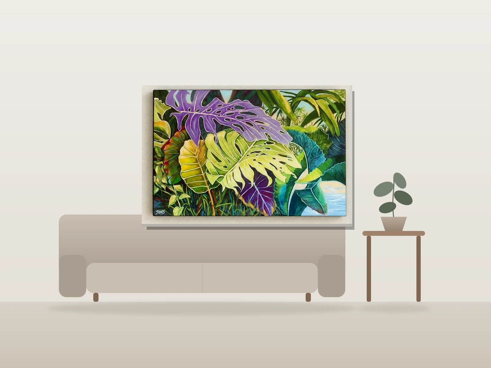 Le Monstera s'étire by Carol Sims shown to scale in a room