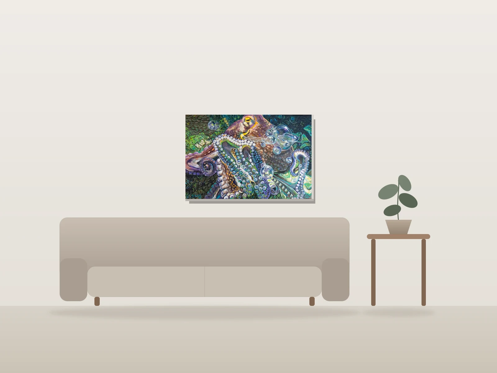 Dans le jardin d'une pieuvre by Carol Sims shown to scale in a room