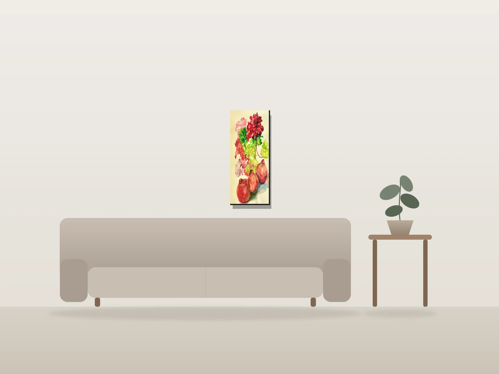 Grenades et géraniums by Kathleen Deyo shown to scale in a room