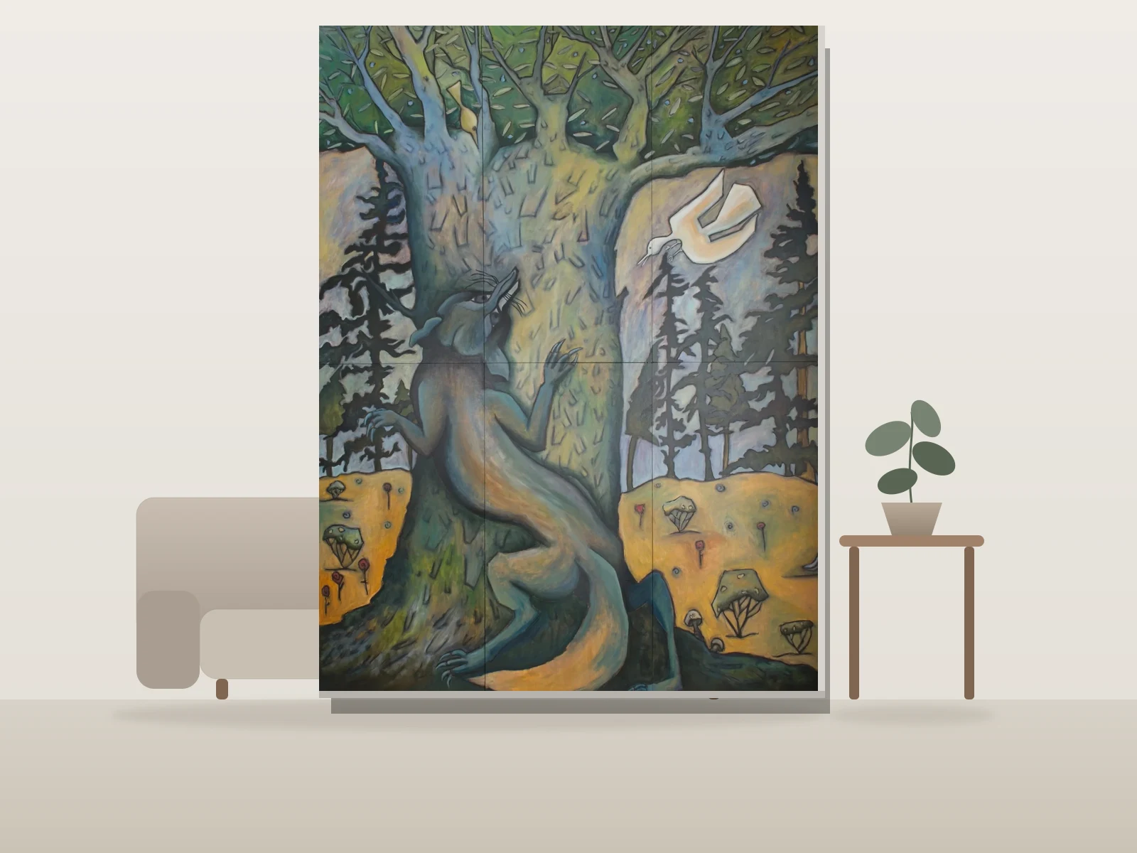 Le loup et la colombe by Nicole Bélanger shown to scale in a room