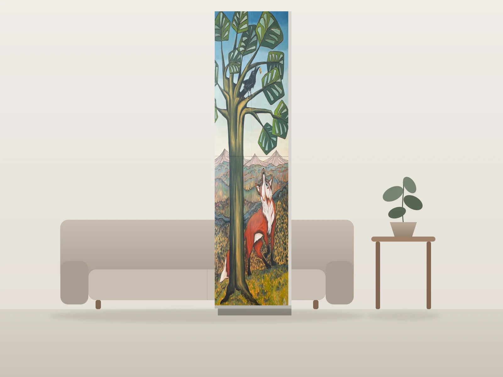 Le renard et le corbeau by Nicole Bélanger shown to scale in a room