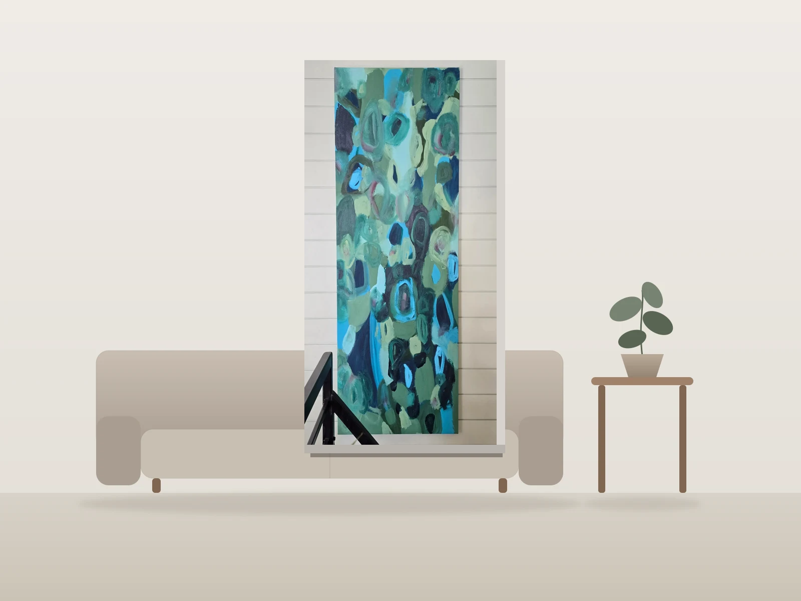 Formes organiques bleues et vertes by Tammy Roggie shown to scale in a room