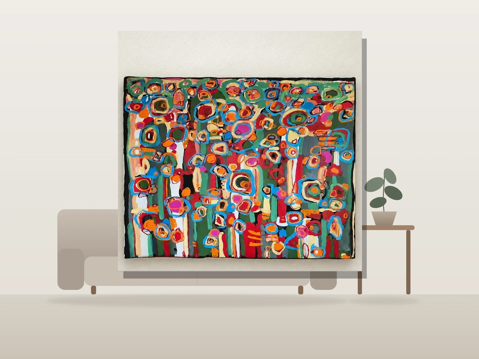 Cercles colorés et bandes verticales by Tammy Roggie shown to scale in a room