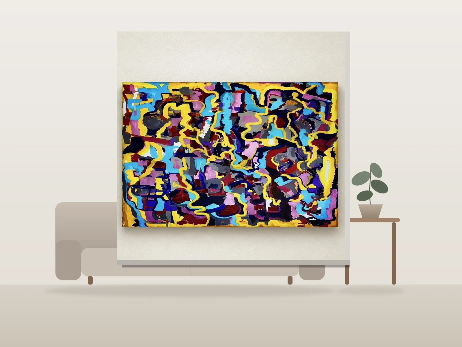 Réseaux colorés by Tammy Roggie shown to scale in a room