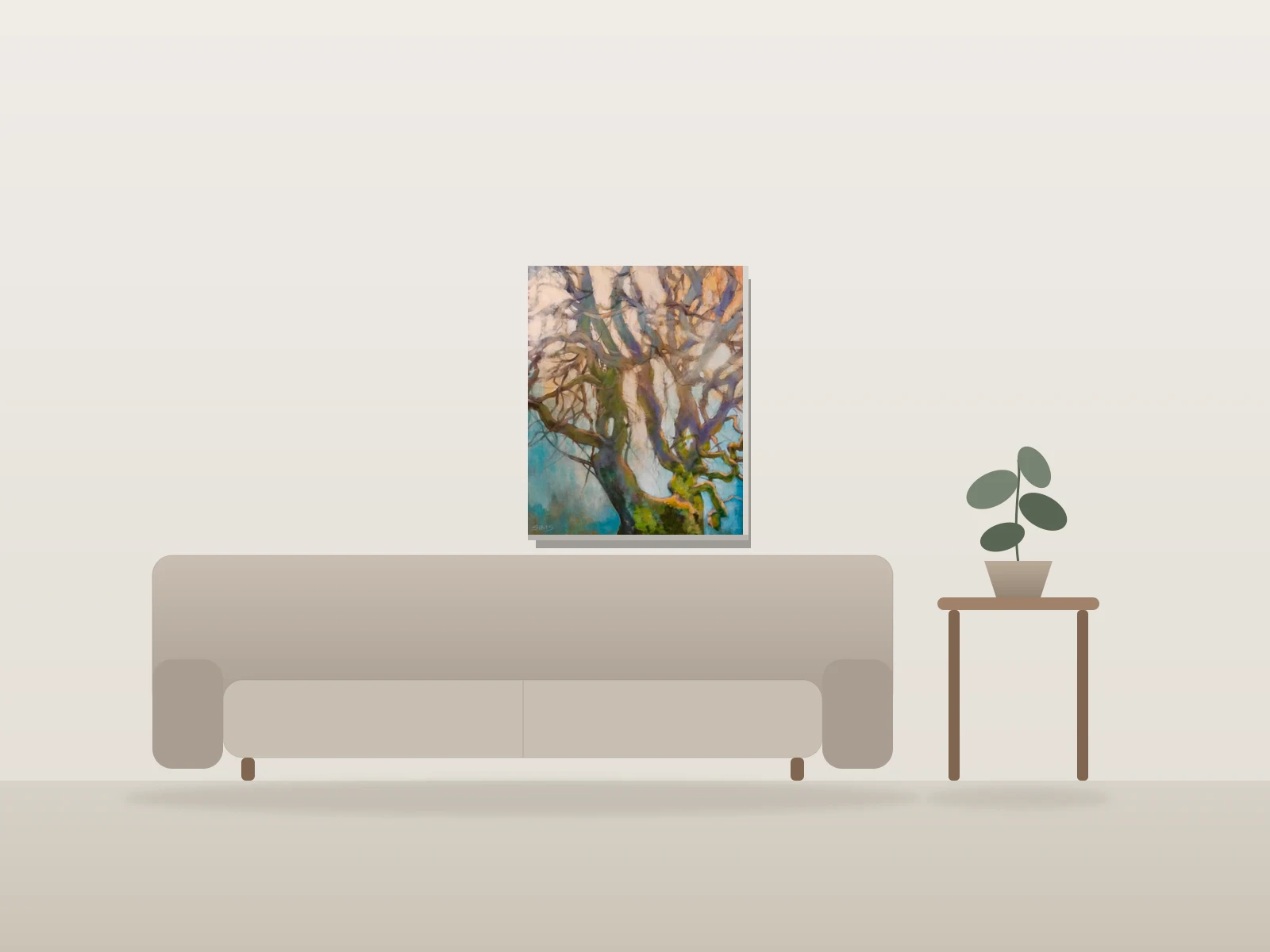 Arbre aux branches tortueuses par Carol Sims présentée à l'échelle dans une pièce
