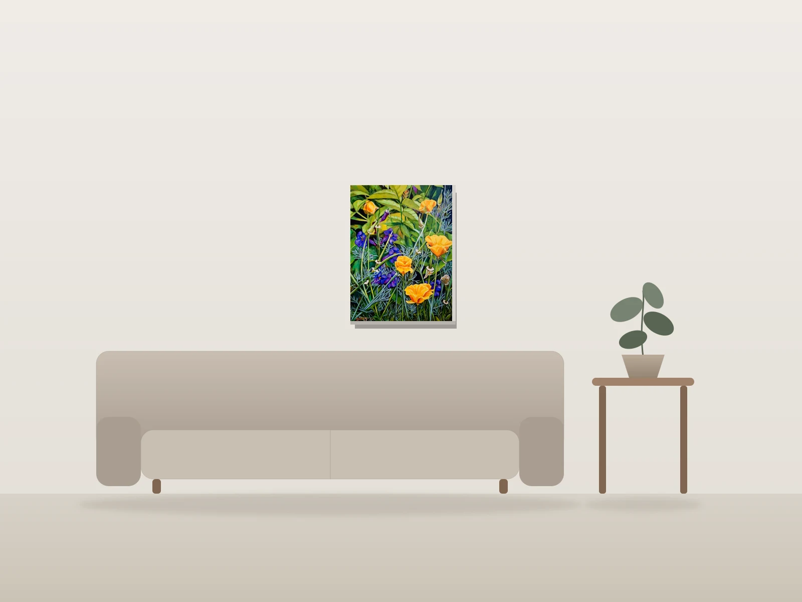 Fleurs jaunes et violettes par Carol Sims présentée à l'échelle dans une pièce