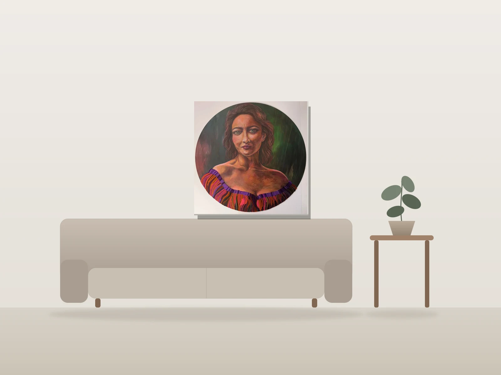 Portrait de femme en robe colorée par Amal Mostafa présentée à l'échelle dans une pièce