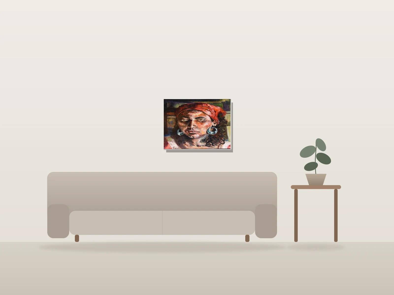 Portrait à foulard rouge par Amal Mostafa présentée à l'échelle dans une pièce