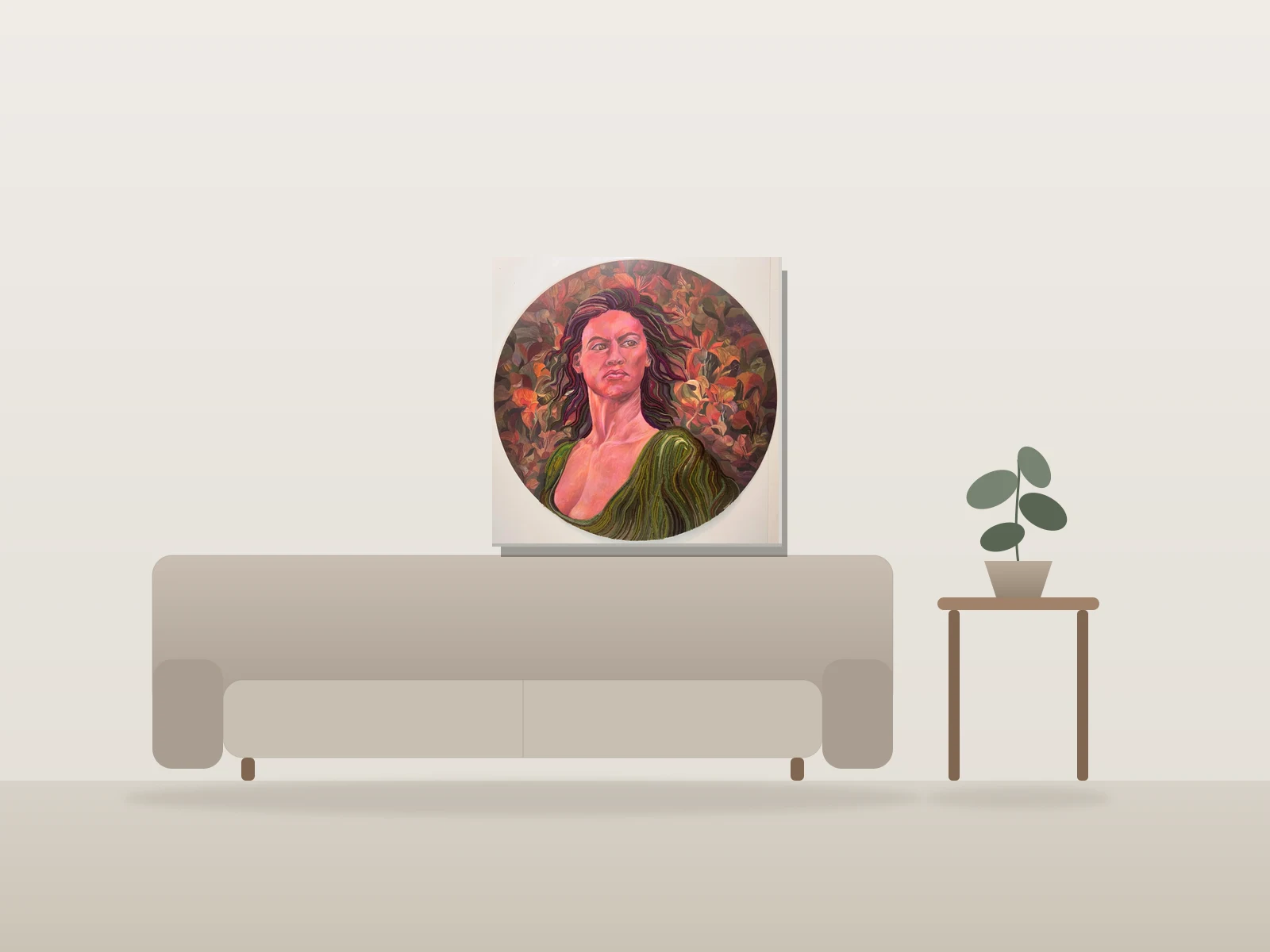 Portrait féminin aux feuillages par Amal Mostafa présentée à l'échelle dans une pièce