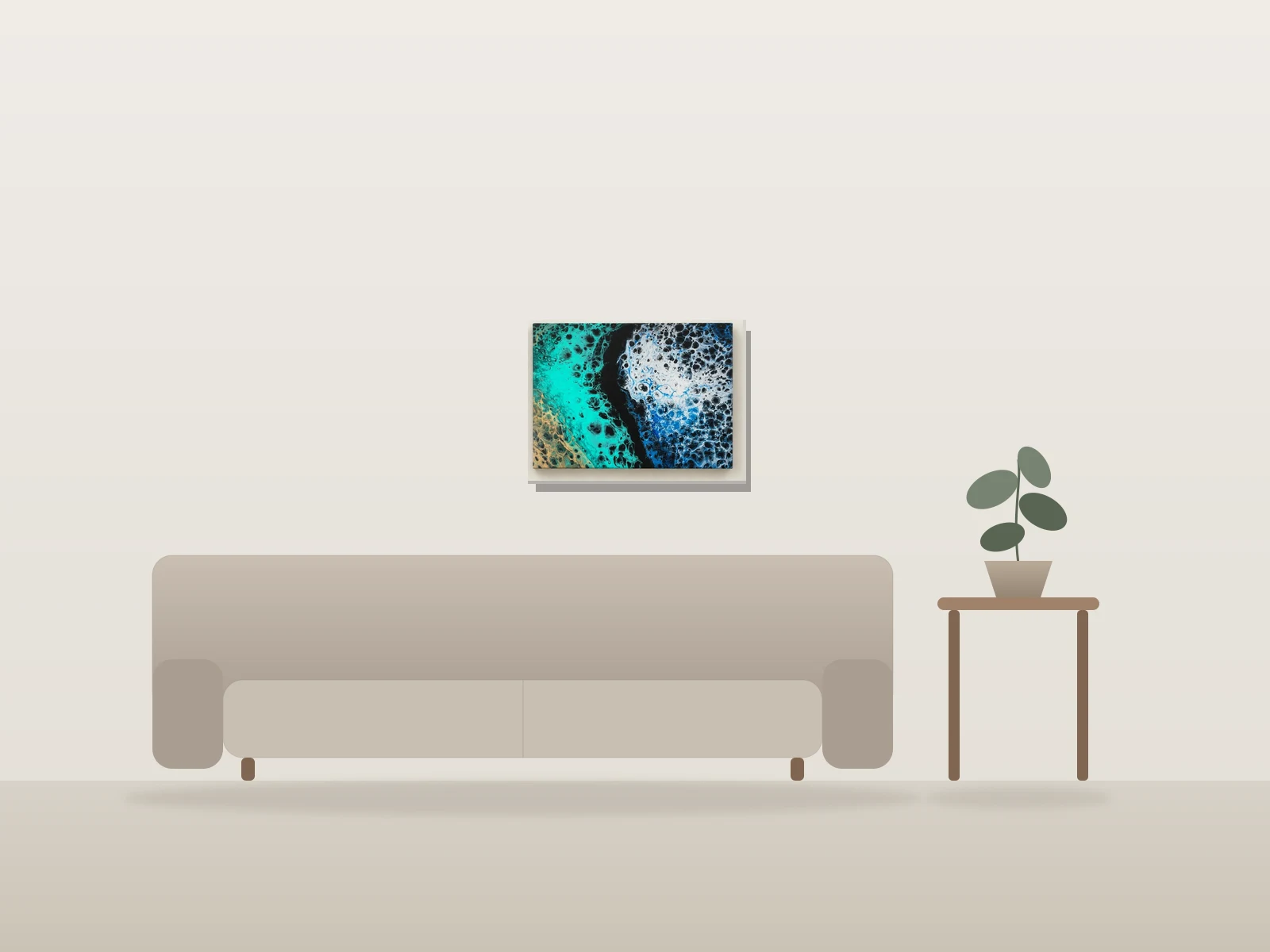 Mouvement Turquoise et Bleu par Tony Woodbury présentée à l'échelle dans une pièce