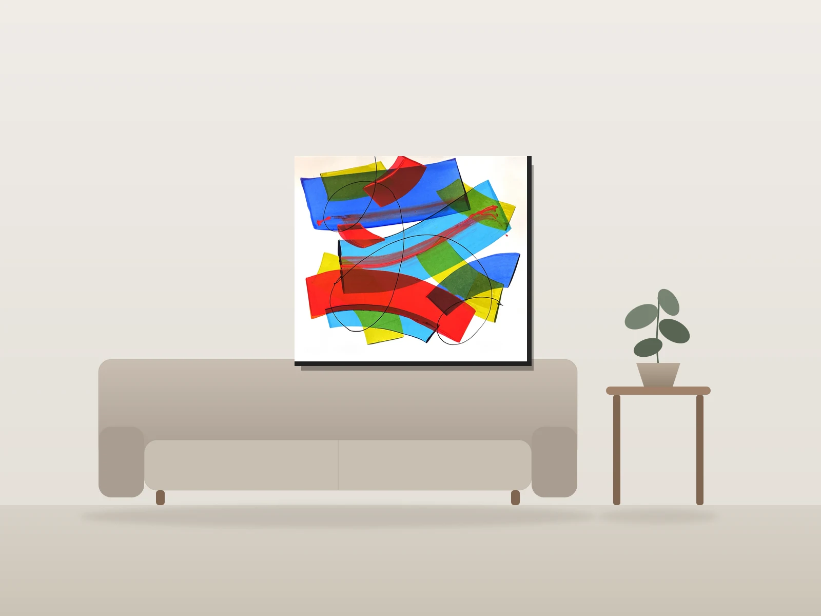 Formes colorées en mouvement par #87957 présentée à l'échelle dans une pièce
