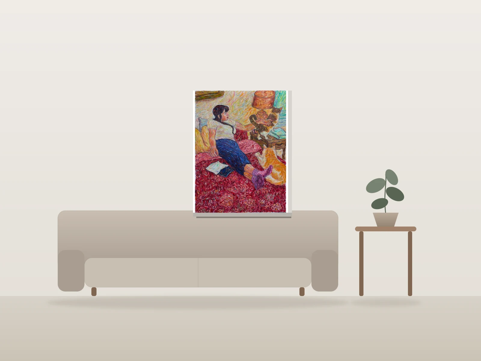 Femme et chats par Antoine Viau-Petit présentée à l'échelle dans une pièce
