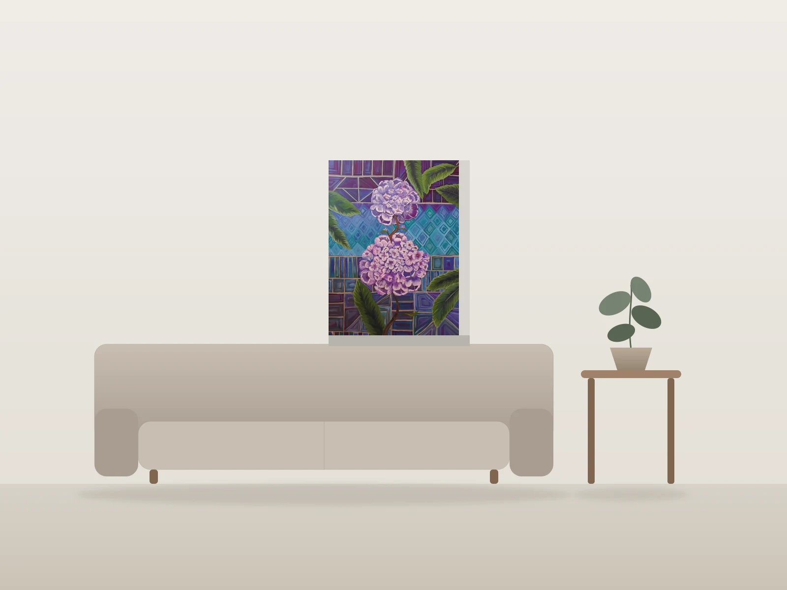 Fleurs violettes sur fond géométrique by Sk shown to scale in a room