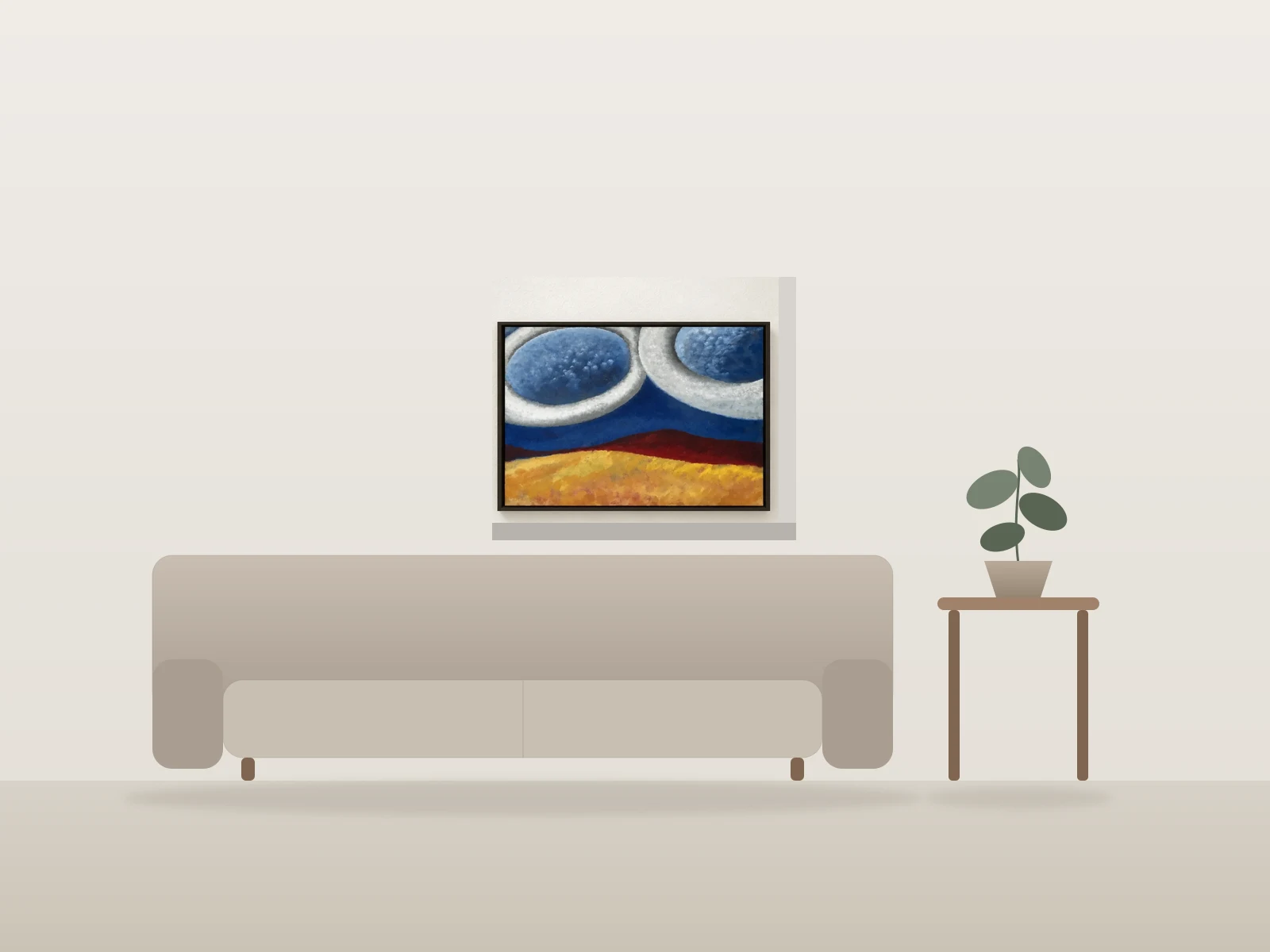 Paysage aux cercles bleus par Sage Reynolds is my name présentée à l'échelle dans une pièce