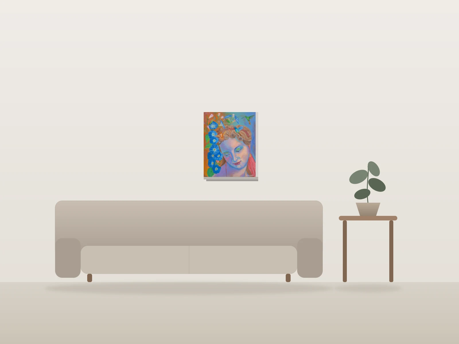 Portrait avec colibris et fleurs by Luigi Biancaniello shown to scale in a room