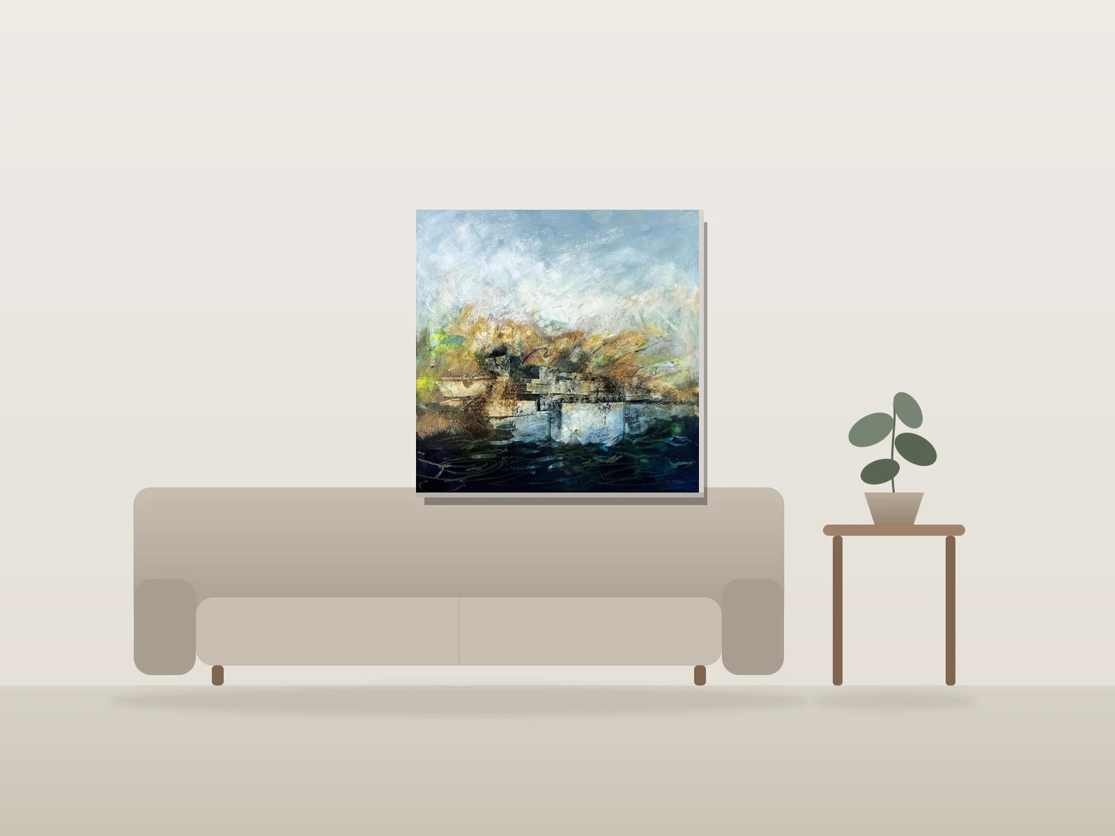 Paysage marin agité par Marijean Harris - Contemporary Landscapes présentée à l'échelle dans une pièce
