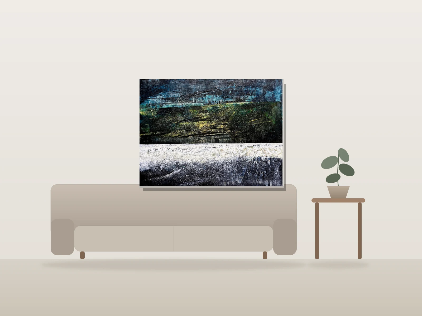 Lisière hivernale par Marijean Harris - Contemporary Landscapes présentée à l'échelle dans une pièce