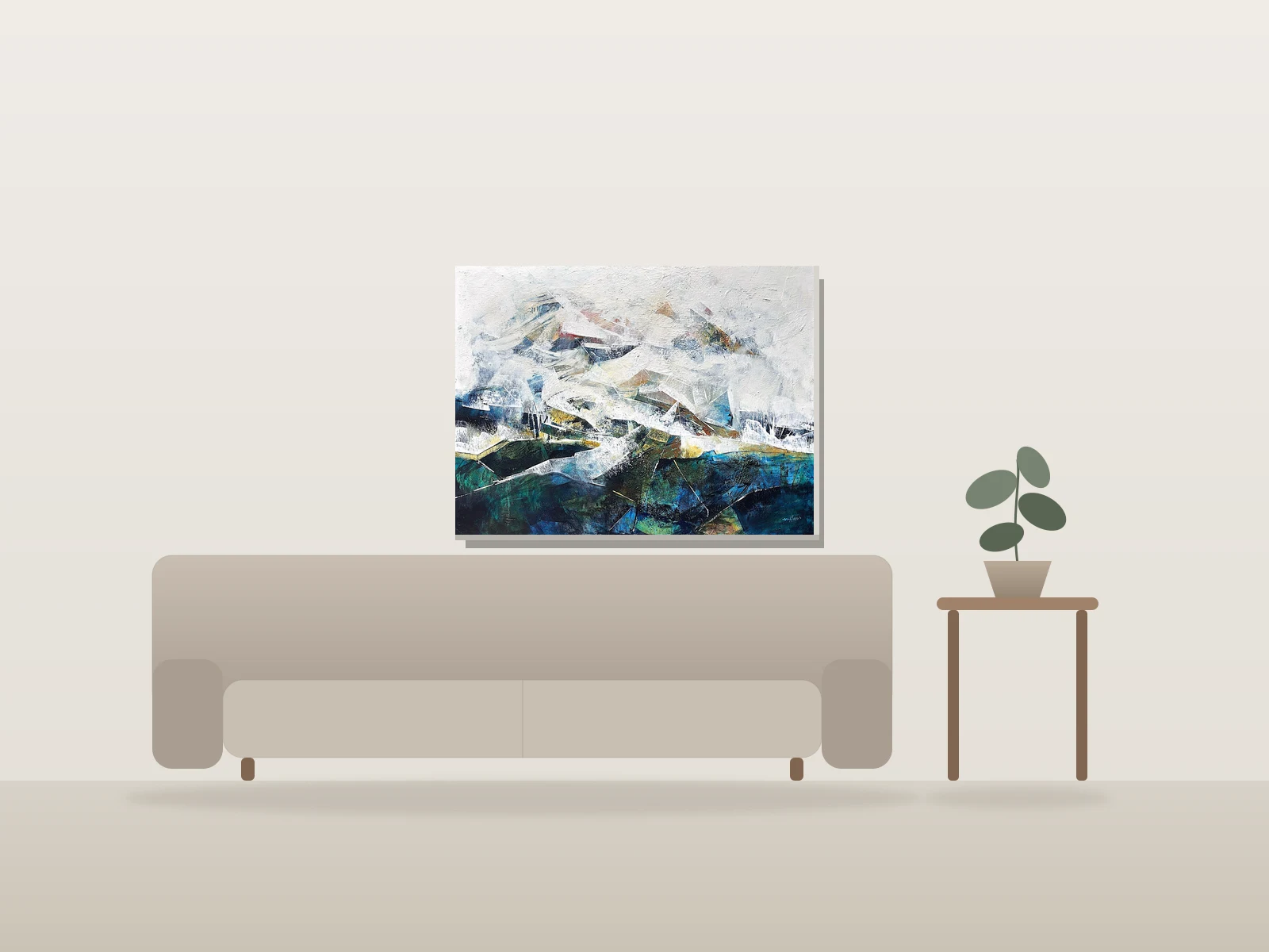 Voile de l'Ascension par Marijean Harris - Contemporary Landscapes présentée à l'échelle dans une pièce