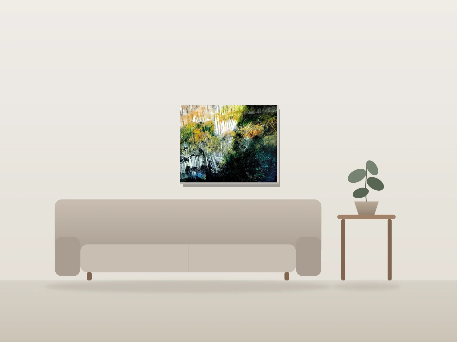 Paysage abstrait en vert et jaune par Marijean Harris - Contemporary Landscapes présentée à l'échelle dans une pièce