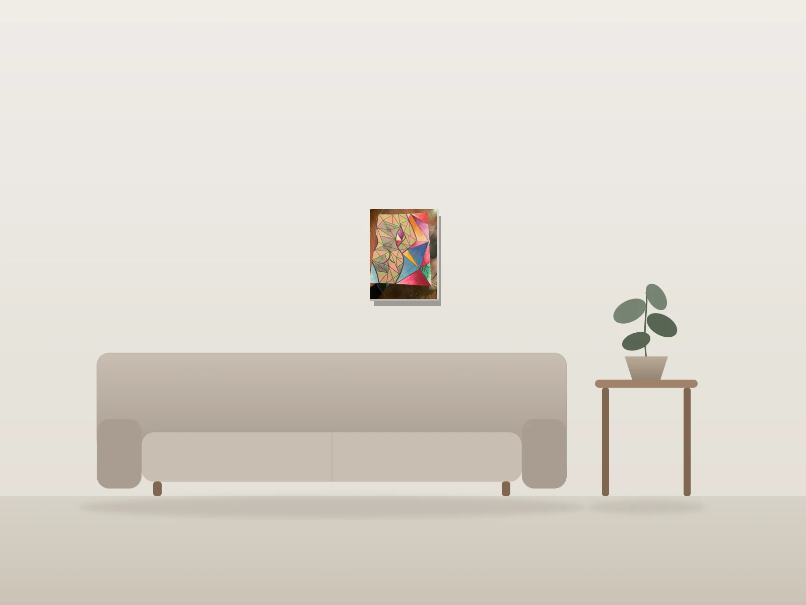 Visages géométriques colorés by Babel shown to scale in a room