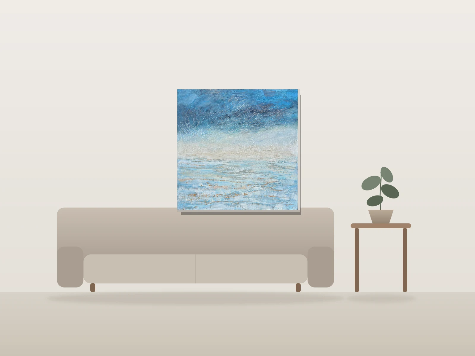 Sur la Plage par Marijean Harris - Contemporary Landscapes présentée à l'échelle dans une pièce