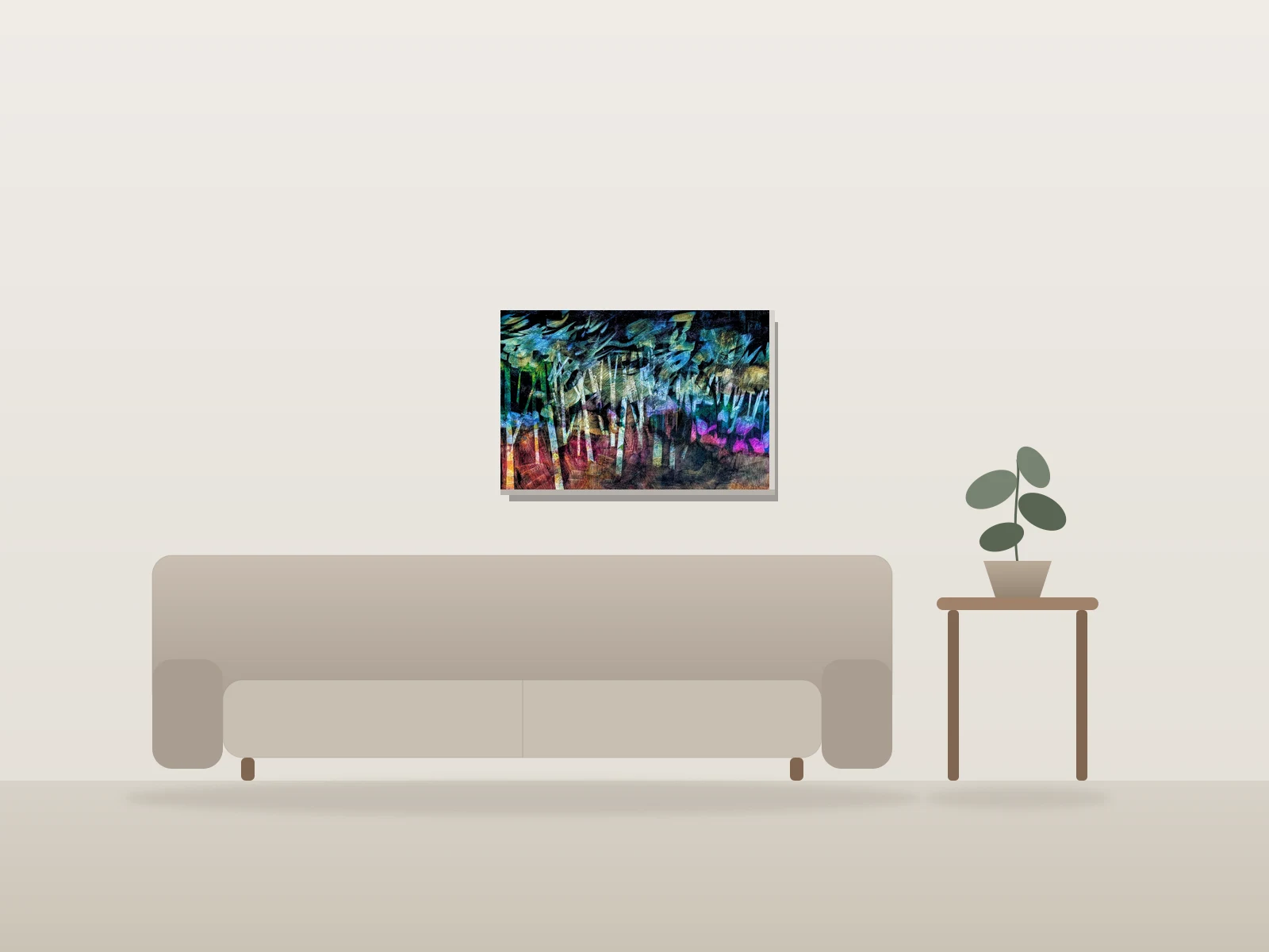 Forêt aux couleurs vibrantes par Marijean Harris - Contemporary Landscapes présentée à l'échelle dans une pièce