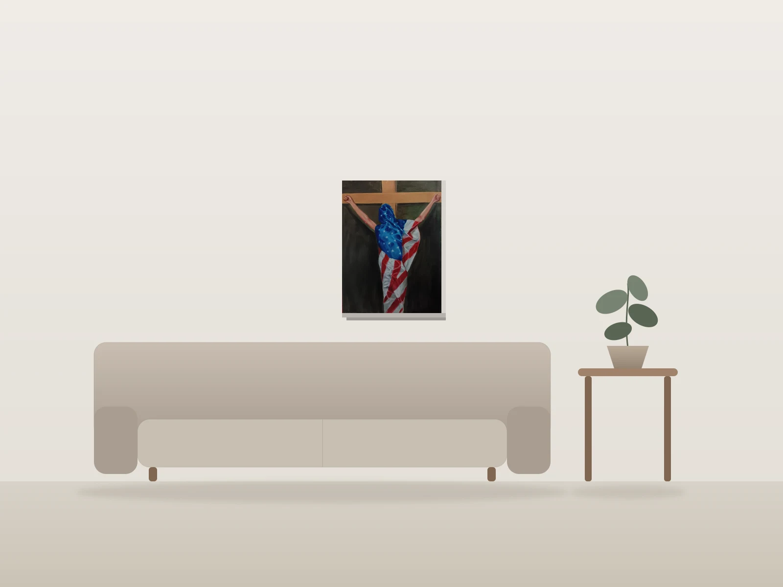 Figure drapée dans le drapeau américain par Roderick Dalmacio présentée à l'échelle dans une pièce