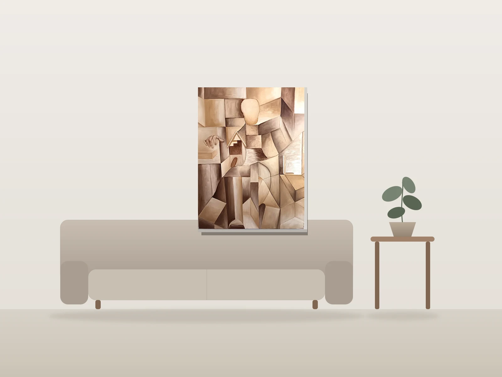 Figure cubiste avec maison par Roderick Dalmacio présentée à l'échelle dans une pièce