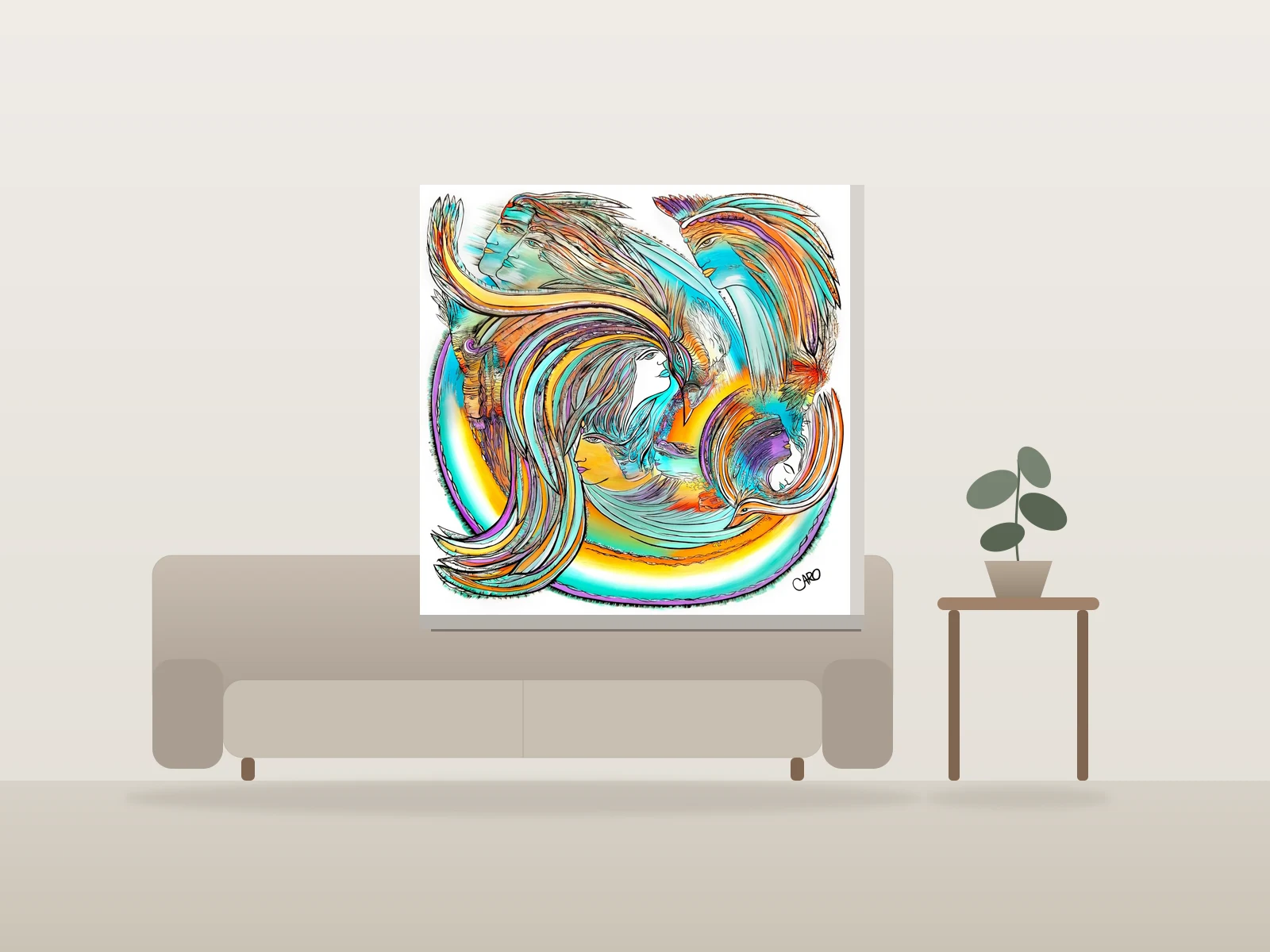 Grande puissance de l'amour cosmic par CARO Artiste Vibratoire présentée à l'échelle dans une pièce