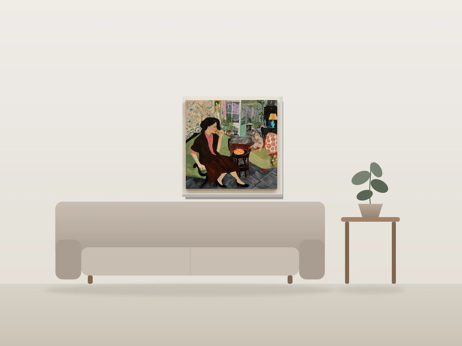 Femme et singe dans le salon par Cefora G Rubin présentée à l'échelle dans une pièce