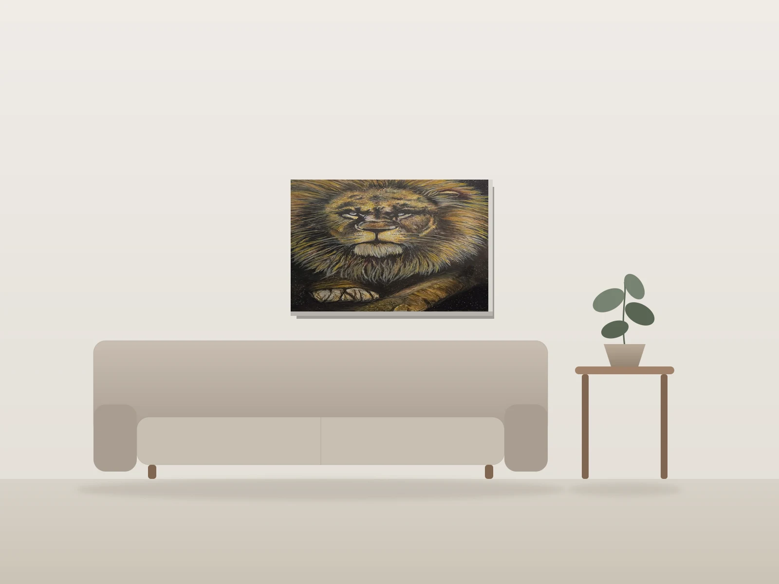 Lion Majestueux par Margo présentée à l'échelle dans une pièce