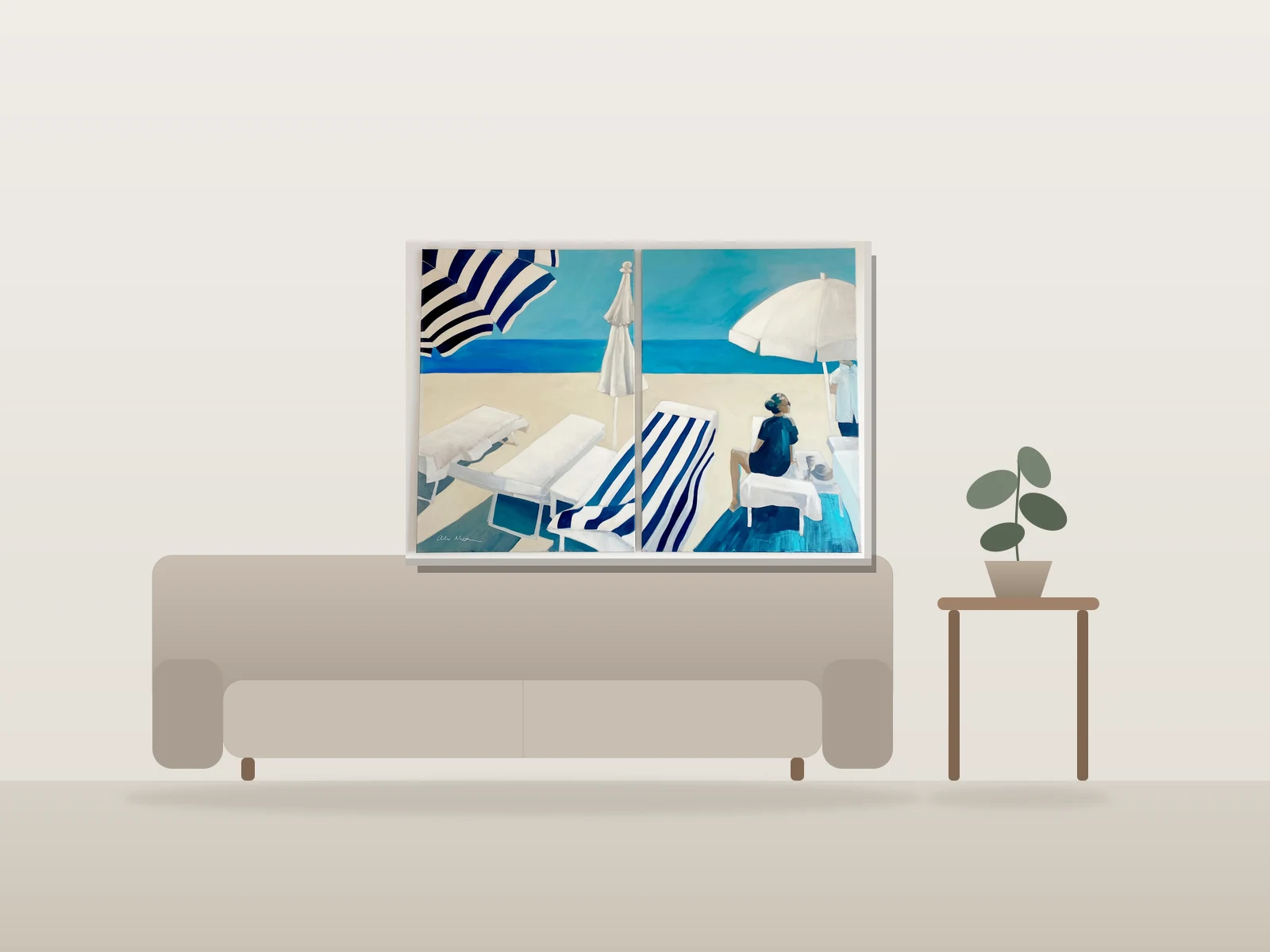 Plage en diptyque par Alex Nereuta présentée à l'échelle dans une pièce