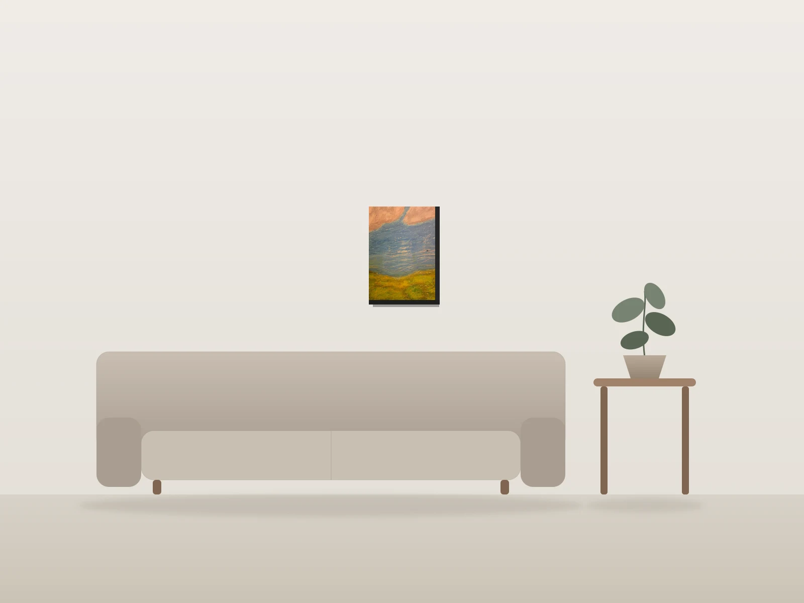 Paysage abstrait coloré par Nouri présentée à l'échelle dans une pièce
