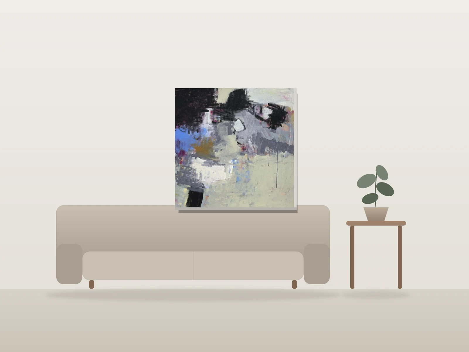 Composition abstraite en gris et bleu par Marilyn J Fox présentée à l'échelle dans une pièce