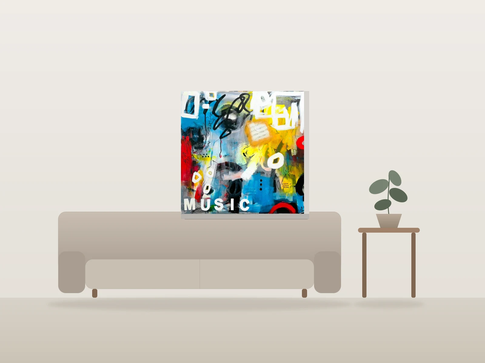 Partition et Couleurs Vibrantes par Cheri Loeb Art présentée à l'échelle dans une pièce
