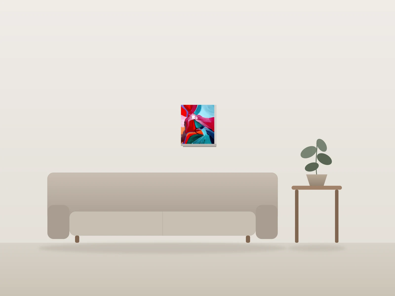 Composition abstraite colorée by Mike Ojeda Garibay shown to scale in a room