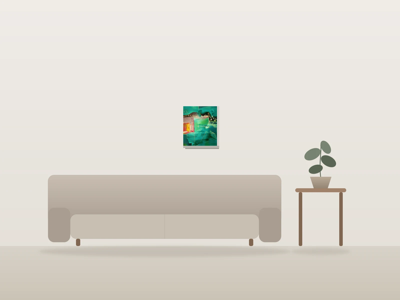Composition géométrique verte by Mike Ojeda Garibay shown to scale in a room