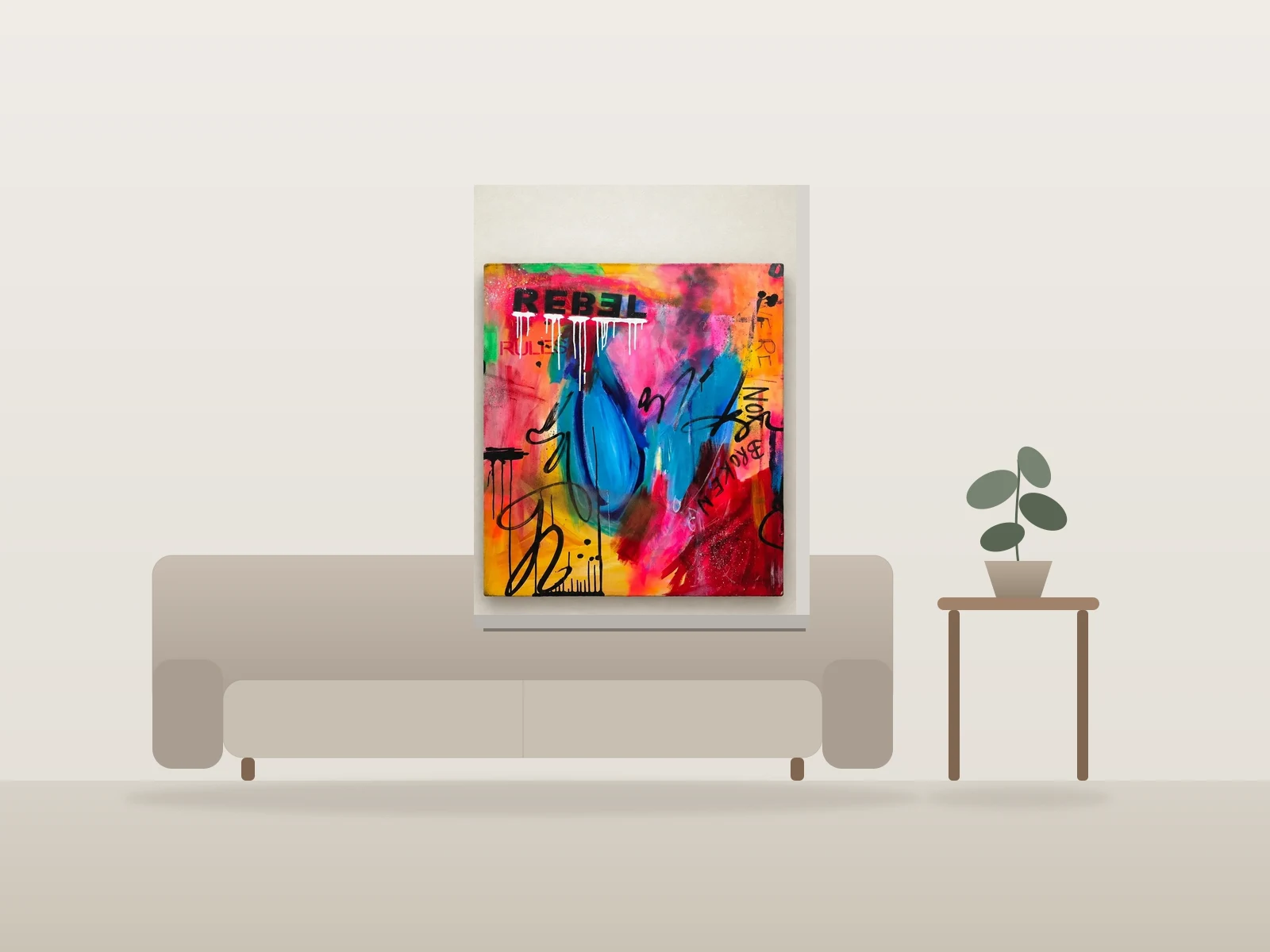 Rébellion Colorée par Cheri Loeb Art présentée à l'échelle dans une pièce